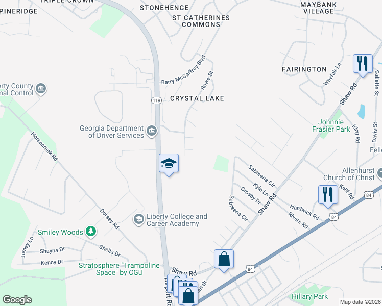 map of restaurants, bars, coffee shops, grocery stores, and more near 2312 Mohn Court in Hinesville