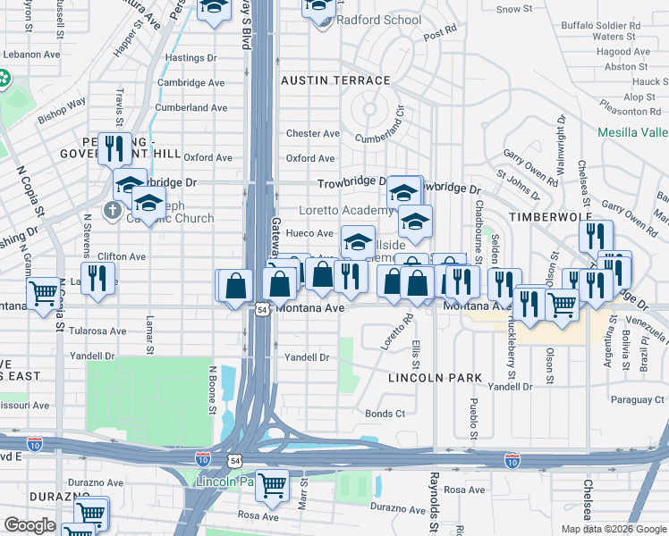 map of restaurants, bars, coffee shops, grocery stores, and more near 4500 Clifton Avenue in El Paso