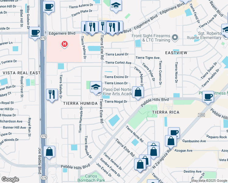 map of restaurants, bars, coffee shops, grocery stores, and more near 12420 Tierra Sauz Drive in El Paso