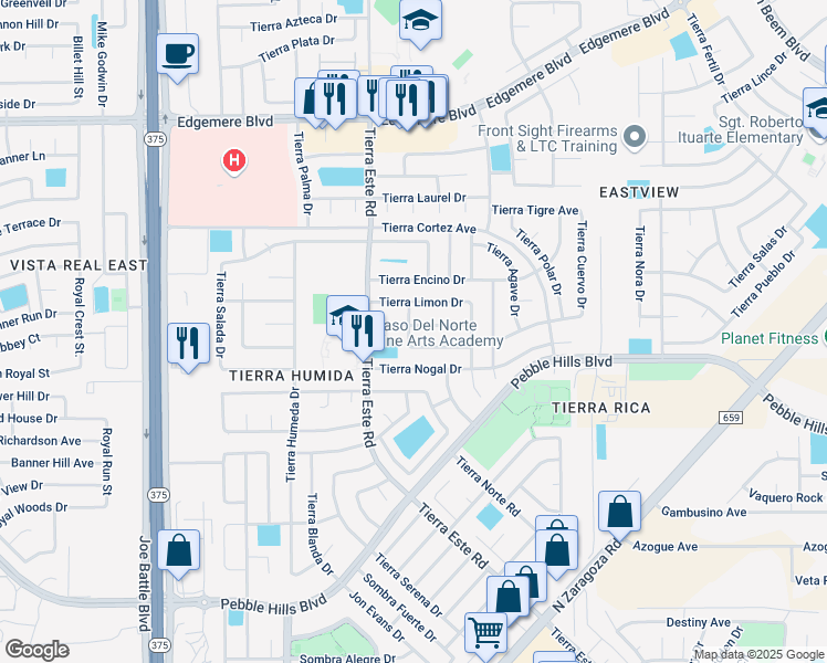 map of restaurants, bars, coffee shops, grocery stores, and more near 12420 Tierra Sauz Drive in El Paso