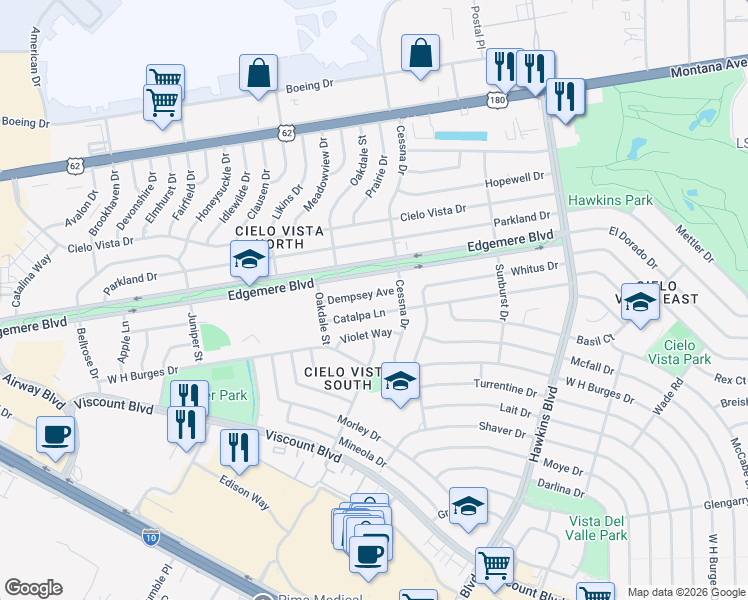 map of restaurants, bars, coffee shops, grocery stores, and more near 8217 Catalpa Lane in El Paso