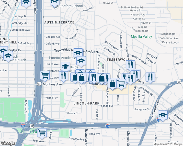 map of restaurants, bars, coffee shops, grocery stores, and more near 4709 La Luz Avenue in El Paso
