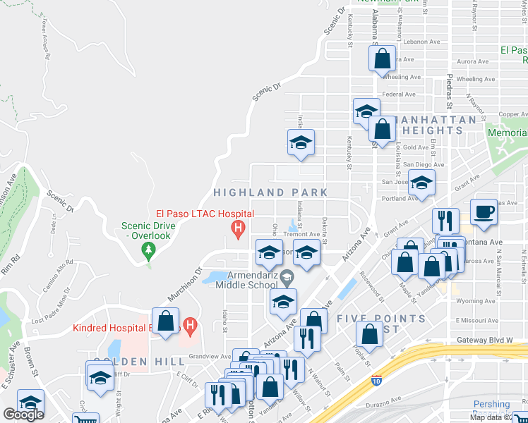 map of restaurants, bars, coffee shops, grocery stores, and more near 2108 Pittsburg Avenue in El Paso
