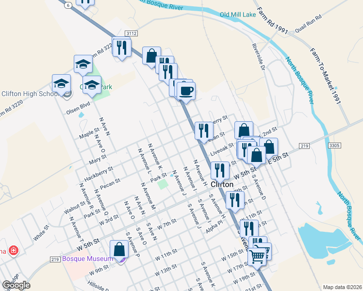 map of restaurants, bars, coffee shops, grocery stores, and more near 314 North Avenue H in Clifton