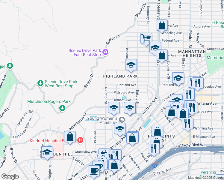 map of restaurants, bars, coffee shops, grocery stores, and more near 2117 Pittsburg Avenue in El Paso