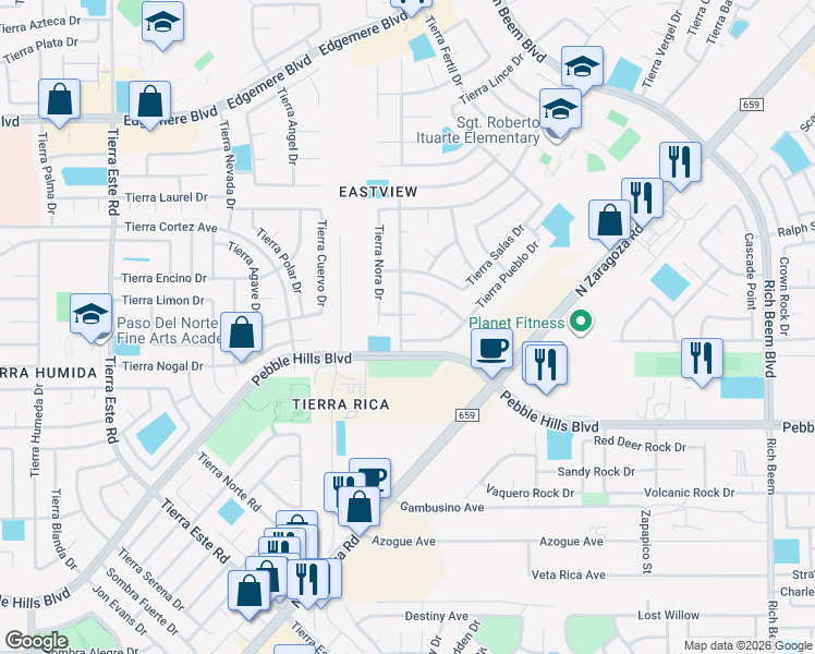 map of restaurants, bars, coffee shops, grocery stores, and more near 3012 Tierra Mina Drive in El Paso