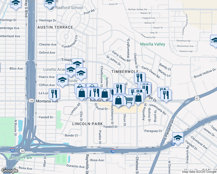 map of restaurants, bars, coffee shops, grocery stores, and more near 1112 Selden Drive in El Paso