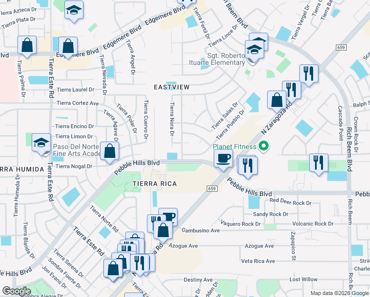 map of restaurants, bars, coffee shops, grocery stores, and more near 3012 Tierra Mina Drive in El Paso