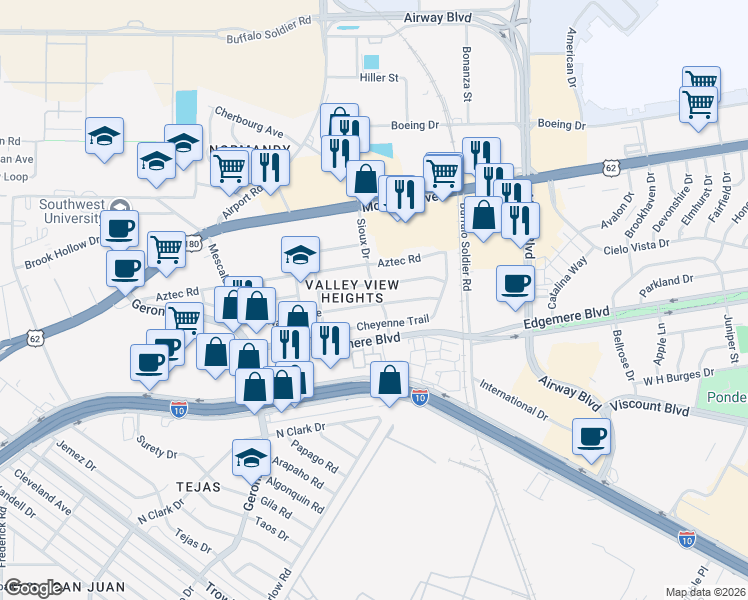 map of restaurants, bars, coffee shops, grocery stores, and more near 6436 Navajo Avenue in El Paso