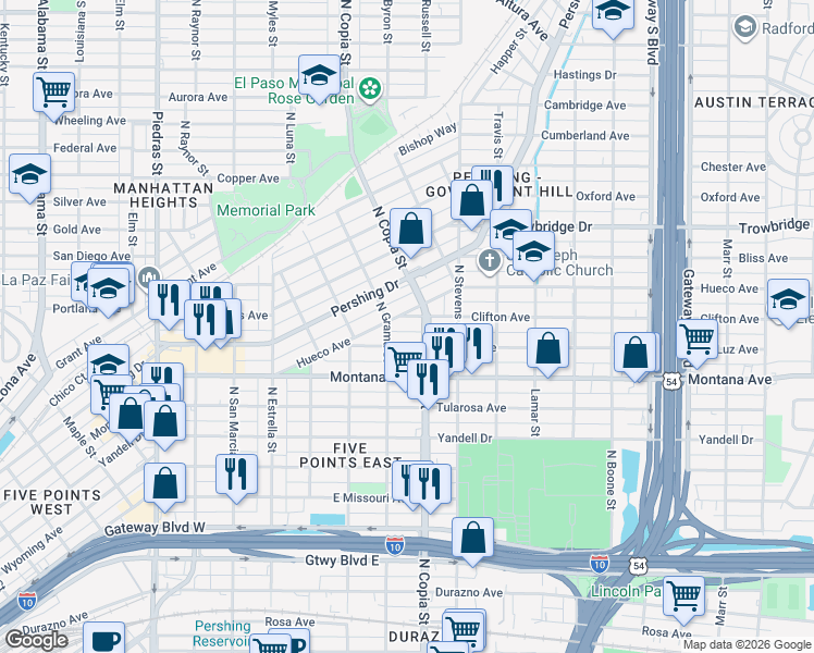 map of restaurants, bars, coffee shops, grocery stores, and more near 3503 La Luz Avenue in El Paso