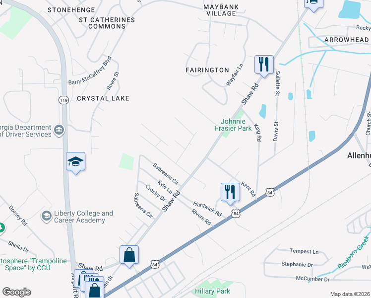 map of restaurants, bars, coffee shops, grocery stores, and more near 2480 Fletcher Road in Hinesville