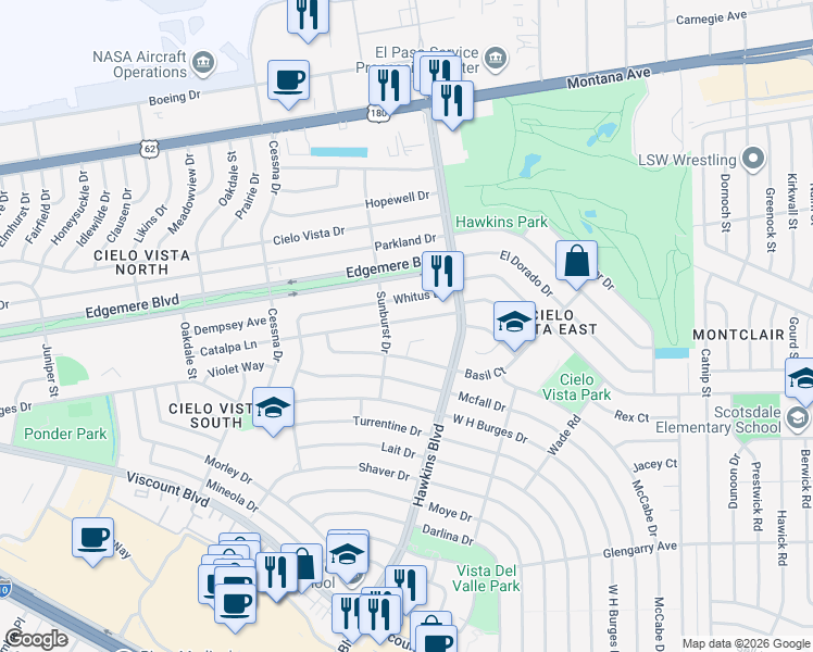 map of restaurants, bars, coffee shops, grocery stores, and more near 1286 Stubing Place in El Paso
