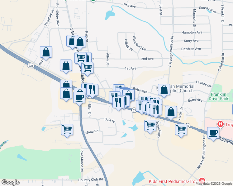 map of restaurants, bars, coffee shops, grocery stores, and more near 106 1st Street in Troy