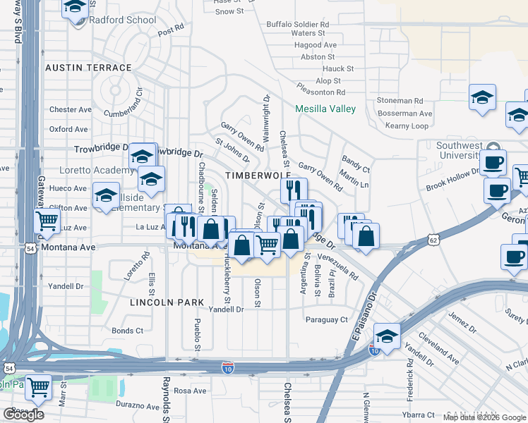 map of restaurants, bars, coffee shops, grocery stores, and more near 1025 Cardon Street in El Paso