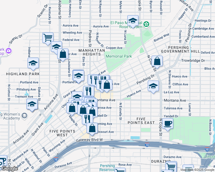 map of restaurants, bars, coffee shops, grocery stores, and more near 3026 Douglas Avenue in El Paso