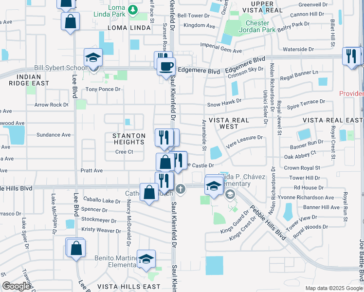 map of restaurants, bars, coffee shops, grocery stores, and more near 3189 Queens Garden Circle in El Paso