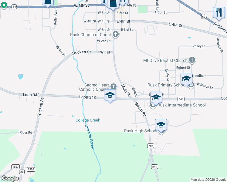 map of restaurants, bars, coffee shops, grocery stores, and more near 760 South Main Street in Rusk