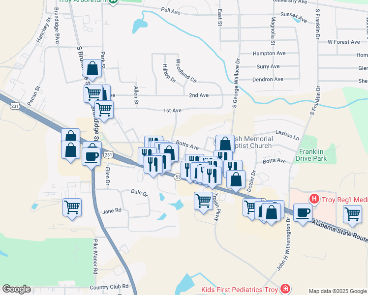map of restaurants, bars, coffee shops, grocery stores, and more near 110 A Street in Troy