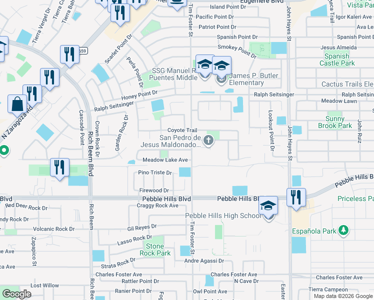 map of restaurants, bars, coffee shops, grocery stores, and more near 14821 Hunter Creek Drive in El Paso