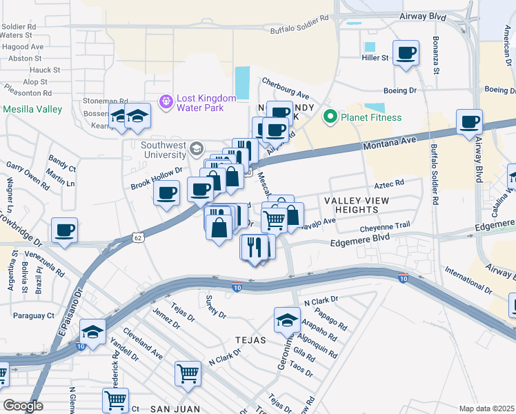 map of restaurants, bars, coffee shops, grocery stores, and more near 6128 Navajo Avenue in El Paso