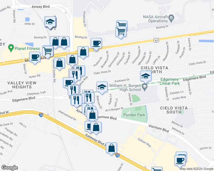 map of restaurants, bars, coffee shops, grocery stores, and more near 7104 Parkland Drive in El Paso