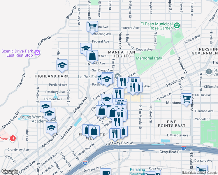 map of restaurants, bars, coffee shops, grocery stores, and more near 2851 Grant Avenue in El Paso