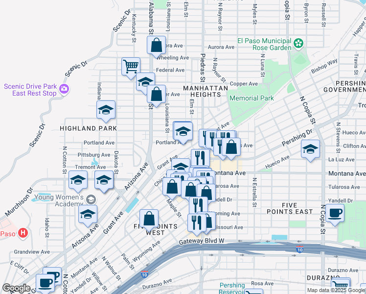 map of restaurants, bars, coffee shops, grocery stores, and more near 2851 Grant Avenue in El Paso