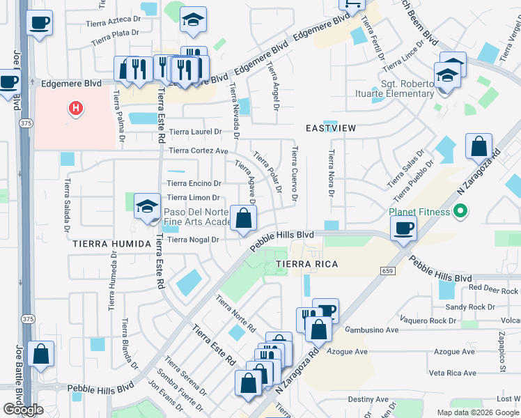 map of restaurants, bars, coffee shops, grocery stores, and more near 12512 Tierra Cuervo Drive in El Paso