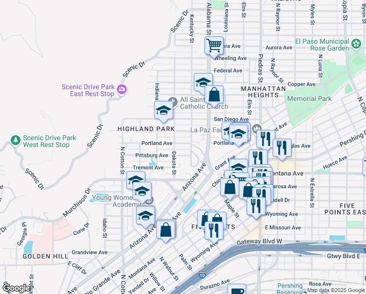 map of restaurants, bars, coffee shops, grocery stores, and more near 2412 Pittsburg Avenue in El Paso