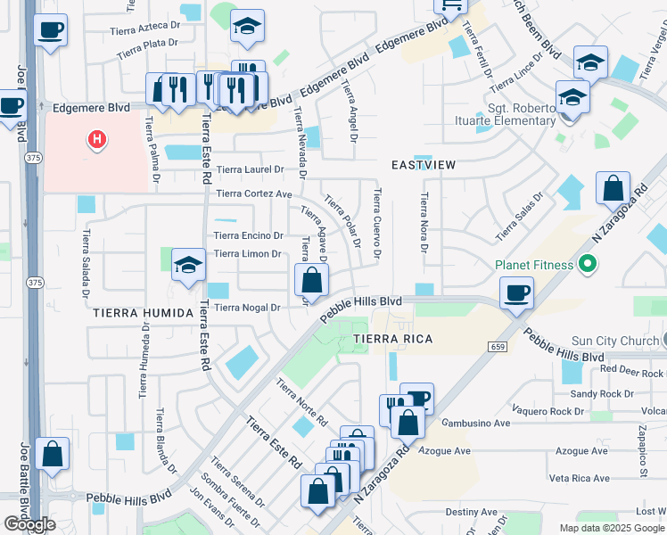 map of restaurants, bars, coffee shops, grocery stores, and more near 12512 Tierra Cuervo Drive in El Paso