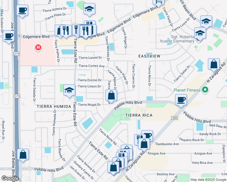 map of restaurants, bars, coffee shops, grocery stores, and more near 12512 Tierra Cuervo Drive in El Paso