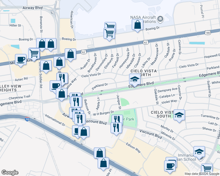 map of restaurants, bars, coffee shops, grocery stores, and more near 7500 Edgemere Boulevard in El Paso