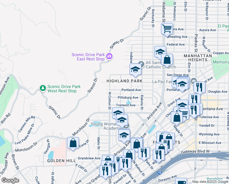 map of restaurants, bars, coffee shops, grocery stores, and more near 2108 Pittsburg Avenue in El Paso