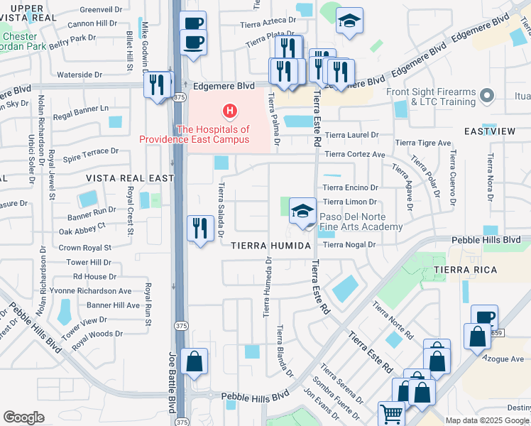 map of restaurants, bars, coffee shops, grocery stores, and more near 3049 Tierra Humeda Drive in El Paso