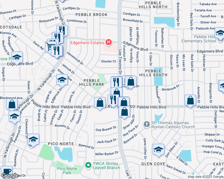 map of restaurants, bars, coffee shops, grocery stores, and more near 3156 Hector Drive in El Paso