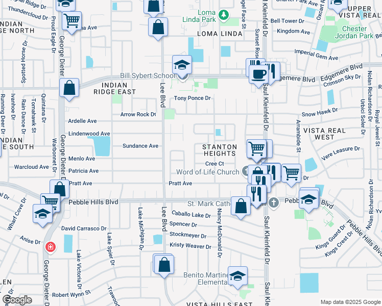 map of restaurants, bars, coffee shops, grocery stores, and more near 3161 Crazy Horse Drive in El Paso