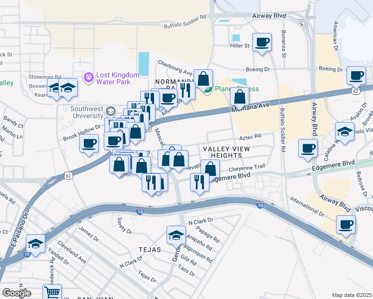 map of restaurants, bars, coffee shops, grocery stores, and more near 6317 Aztec Road in El Paso