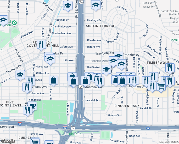 map of restaurants, bars, coffee shops, grocery stores, and more near 4308 Hueco Avenue in El Paso