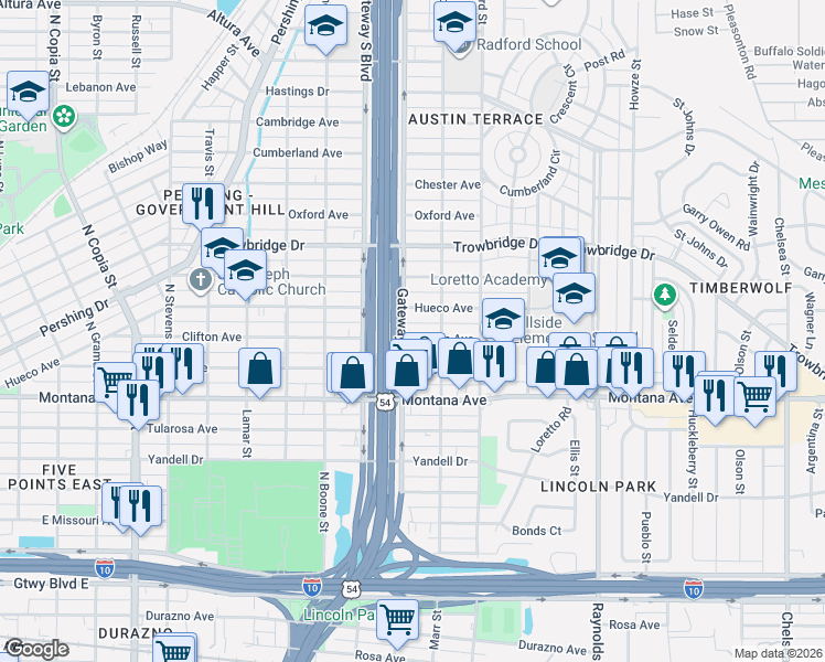map of restaurants, bars, coffee shops, grocery stores, and more near 4308 Hueco Avenue in El Paso