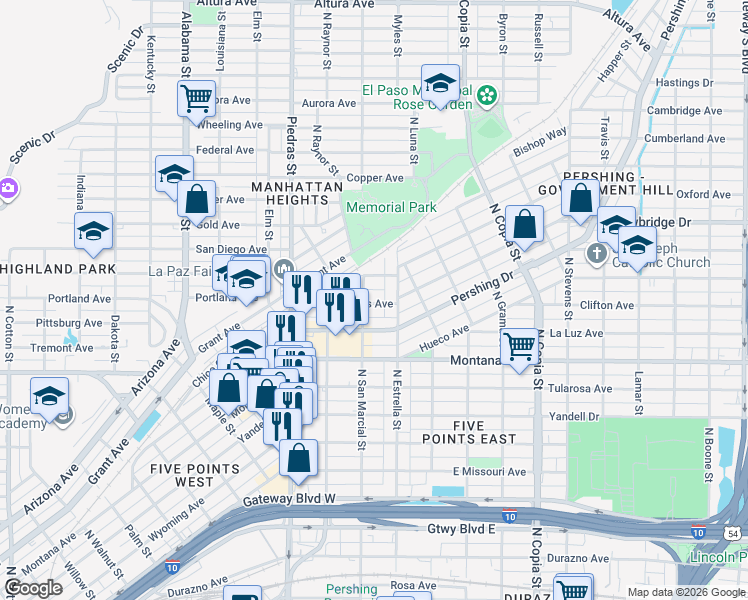 map of restaurants, bars, coffee shops, grocery stores, and more near 1214 North San Marcial Street in El Paso