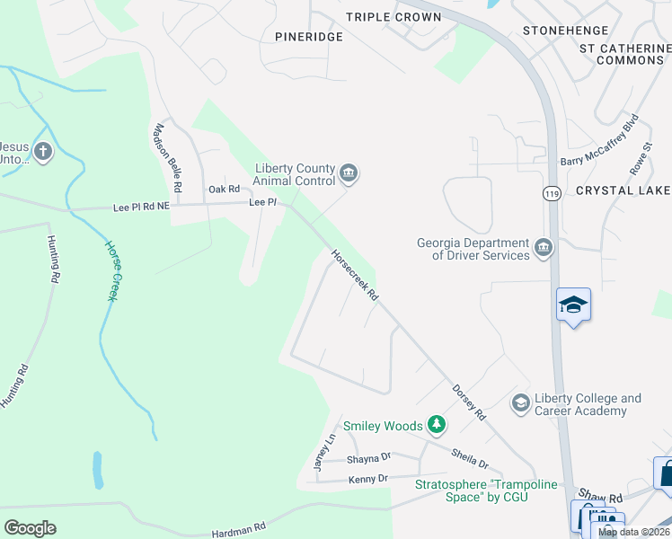 map of restaurants, bars, coffee shops, grocery stores, and more near 301-699 Whit Frasier Road Northeast in Hinesville