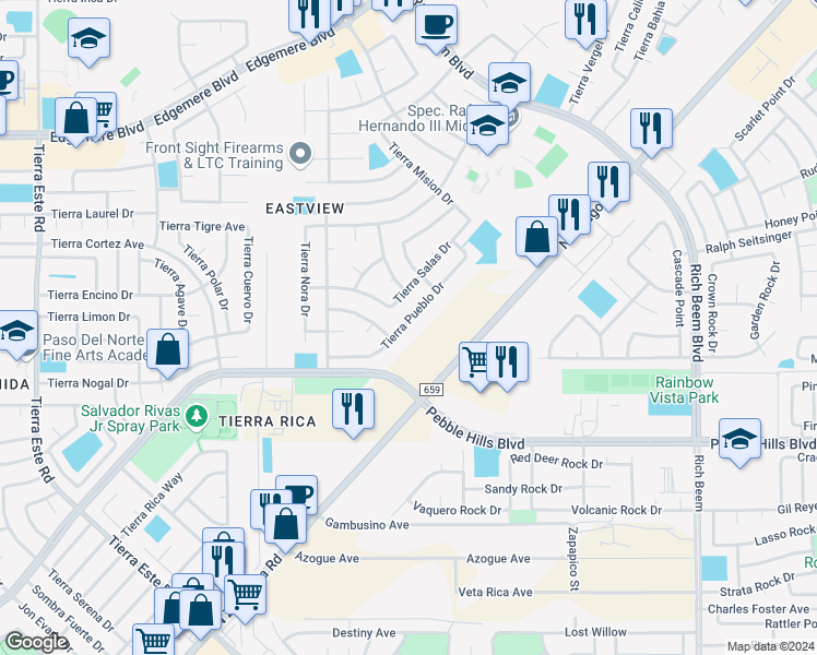 map of restaurants, bars, coffee shops, grocery stores, and more near 12816 Tierra Pueblo Drive in El Paso