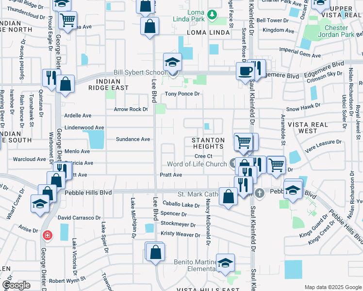 map of restaurants, bars, coffee shops, grocery stores, and more near 3161 Crazy Horse Drive in El Paso