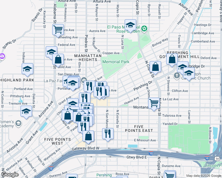 map of restaurants, bars, coffee shops, grocery stores, and more near 1214 North San Marcial Street in El Paso