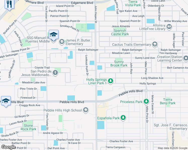 map of restaurants, bars, coffee shops, grocery stores, and more near 14444 Lago Point in El Paso