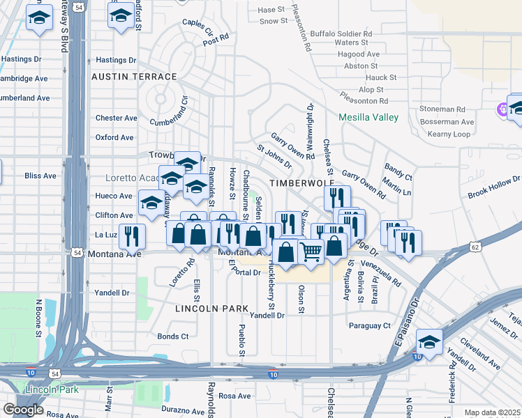 map of restaurants, bars, coffee shops, grocery stores, and more near 1206 Selden Drive in El Paso