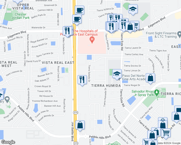 map of restaurants, bars, coffee shops, grocery stores, and more near 3056 Tierra Salada Drive in El Paso