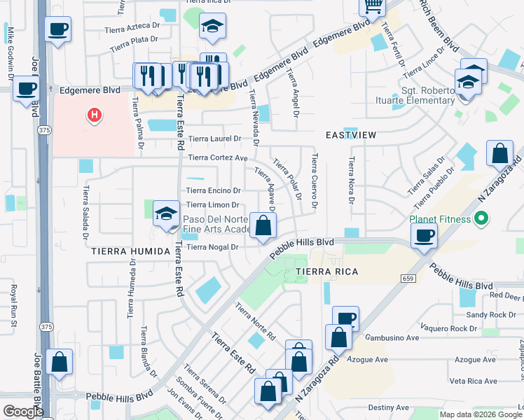map of restaurants, bars, coffee shops, grocery stores, and more near 12521 Tierra China Court in El Paso