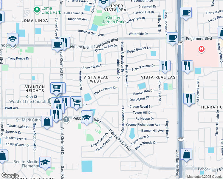 map of restaurants, bars, coffee shops, grocery stores, and more near 11871 Vere Leasure Drive in El Paso