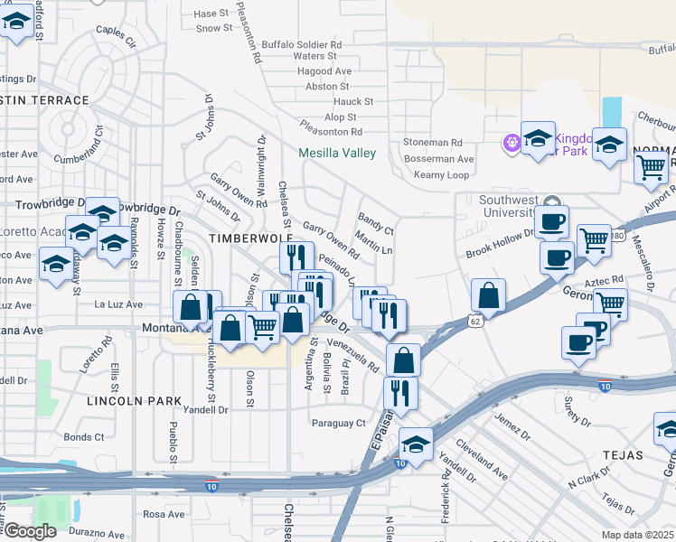 map of restaurants, bars, coffee shops, grocery stores, and more near 5535 Peinado Lane in El Paso